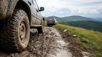 Muddy SUV tires on a rough trail with mountains in the distance, 4x4 Adventure, Off-Roading, Carpathian Mountains