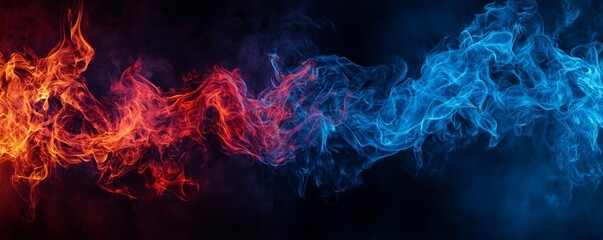 Fototapeta premium Dynamic clash of blue and red flames with glowing embers, Abstract, Fire contrast, Generative AI