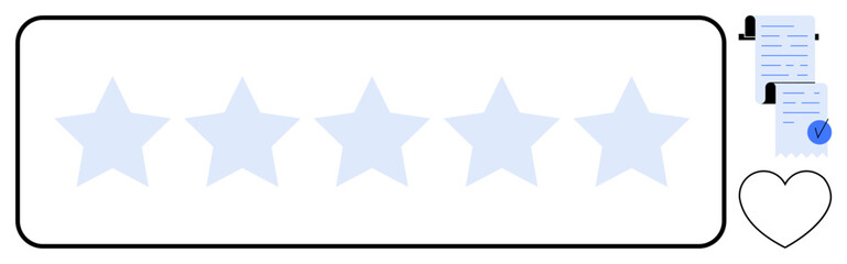 Five stars in a horizontal line with a certificate and heart shape on the right. Ideal for customer reviews, quality assurance, testimonials, satisfaction surveys, and business ratings. Flat design