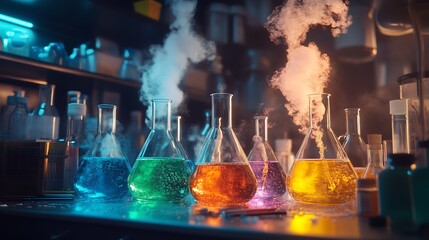 Laboratory scene with glassware holding various colorful chemical reactions, bubbling liquids emitting faint smoke, sterile lab counter with bright and even lighting capturing the action --ar 16:9