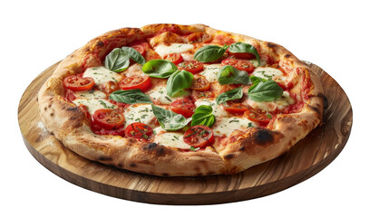 Fresh Margherita Pizza with Basil, Tomatoes, and Melted Mozzarella on Wooden Board
