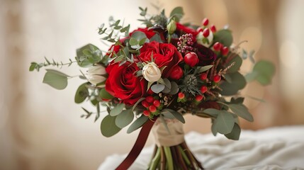 A stunning red flower bouquet featuring vibrant roses and delicate greenery, tied with a silky ribbon, captured in crystal-clear detail with a softly blurred background.