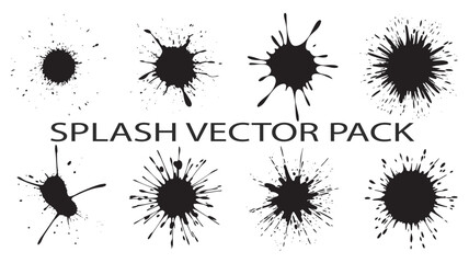 A collection of eight unique black ink splatter designs, perfect for adding creative texture and grunge elements to digital or print projects.