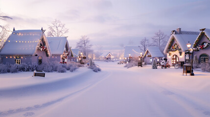 Snow-Covered Christmas Village. A scenic shot of a small, snow-covered village at dusk with decorated houses and street lights, capturing the essence of a winter wonderland
