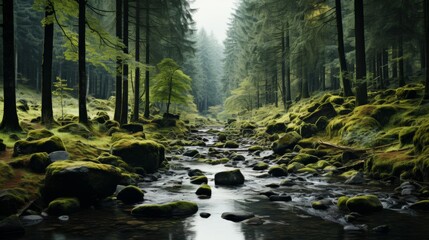 Obraz premium A forest with a stream running through it