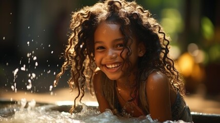 Obraz premium A young girl with curly hair is smiling and splashing in a pool