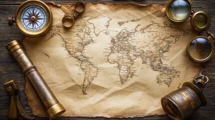 Vintage World Map with Antique Exploration Tools on Wooden Background