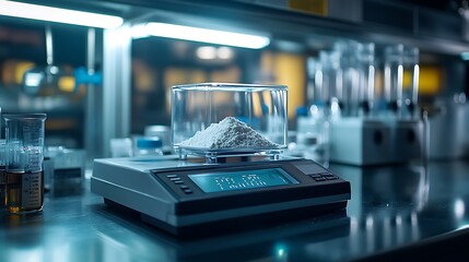 Fototapeta premium Professional lab setup featuring a digital scale with fine powder in a small glass container, bright lighting and reflections creating a sterile and modern scientific environment --ar 16:9