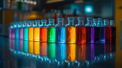 Scientific photograph featuring reagent bottles with vividly colored solutions, carefully placed in a row on a glass counter, crisp labeling,