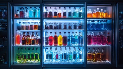 Shelves of a lab fridge displaying rows of colorful chemical bottles and test samples, frost on the glass shelves, cold blue lighting creating a clean and organized scientific look --ar 16:9