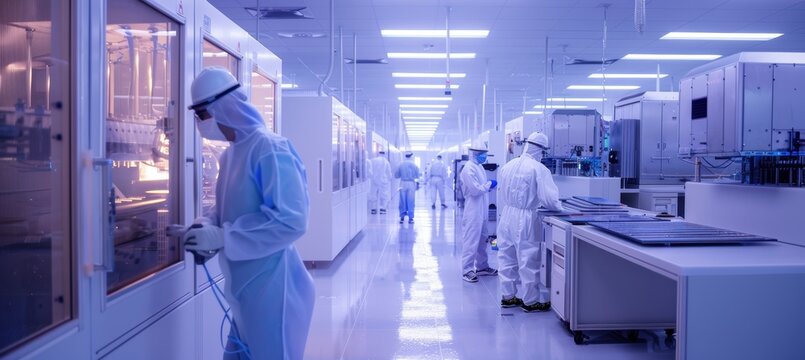 Advanced Semiconductor Fabrication Plant with Technicians Operating Circuit Etching Machinery