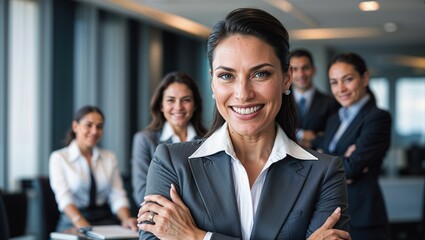 Confident Female Leader with Business Team in Modern Office