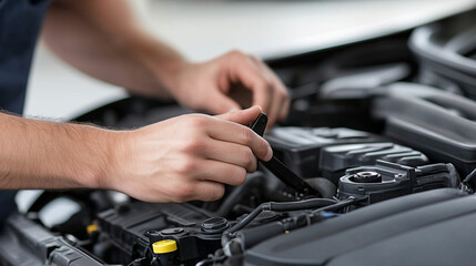 A car technician checking the condition of the engine oil dipstick, with a close-up view of the dipstick and oil level, emphasizing the importance of regular maintenance.