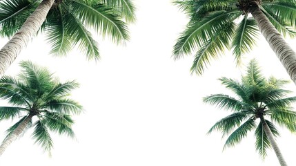 Naklejka premium A serene view of beachside coconut trees with their leaves rustling in the summer breeze, isolated on a white background, conveying a relaxed and tropical seaside atmosphere