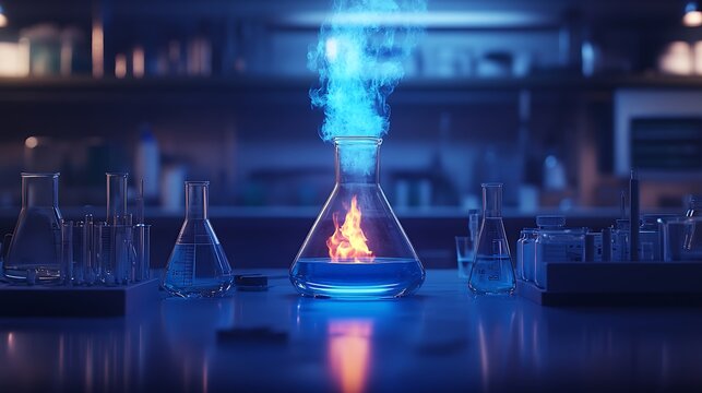 A Bunsen burner with a sharp, controlled blue flame, scientific tools like glass beakers and thermometers placed nearby, soft laboratory lighting adding realism and depth to the clean,