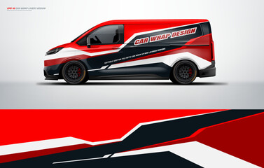 van wrap design for universal medium van, with a touch of Abstract simple racing Graphics in red black and white with background. Vector eps print ready printable file. © liveryworks