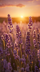 Fototapeta premium A vast field of blooming lavender flowers under a golden sunset sky