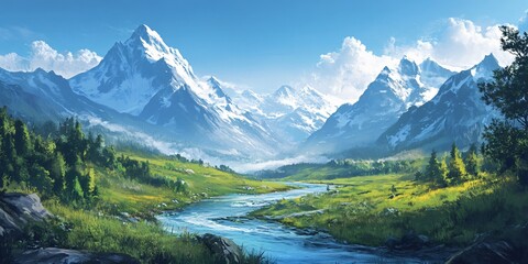 Fototapeta premium Majestic Mountain Range with River and Meadow