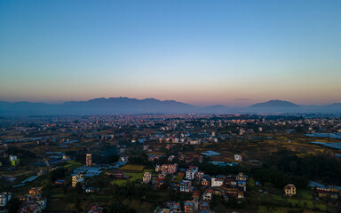 aerival view of Sunrise over the mountain in Kathmandu, Nepal.