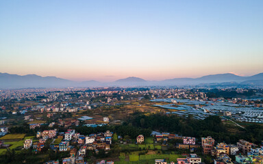 aerival view of Sunrise over the mountain in Kathmandu, Nepal.