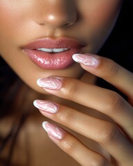 Naklejka premium A close-up of a beautiful model showcasing artistic nail art with soft pink tones and glossy lips, perfect for beauty, fashion, and cosmetics advertisements or blog posts targeting nail enthusiasts,