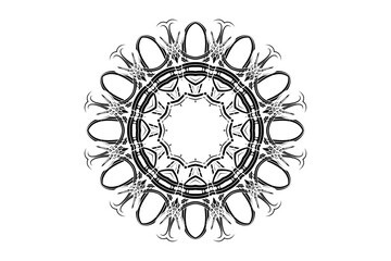 Gray mandala illustration with floral edges and radiating starburst pattern
