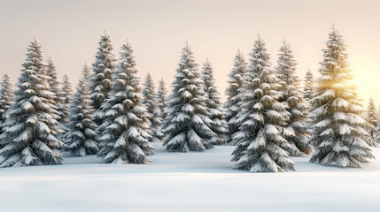 Fototapeta premium Evergreen Forest in Snow. Majestic pine trees covered in snow with a soft, golden light breaking through, highlighting the serenity of winter