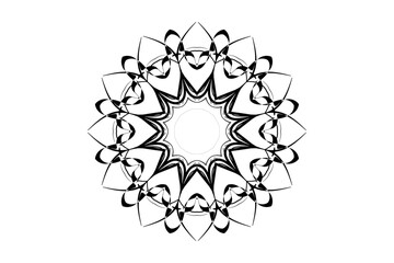Monochromatic mandala with starburst core and floral motifs for meditation
