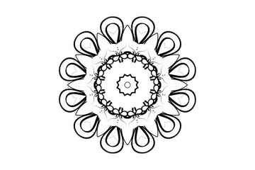 Geometric mandala art with black center and layered patterns on beige background
