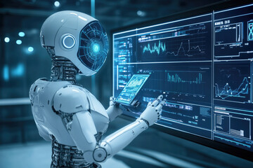 Futuristic robot analyzing data on multiple digital screens in high-tech environment