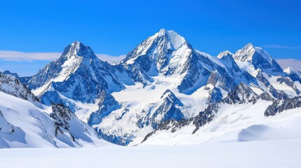 Majestic snow-covered mountains under a clear blue sky.