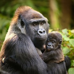 Obraz premium gorilla mum with baby, AI generated