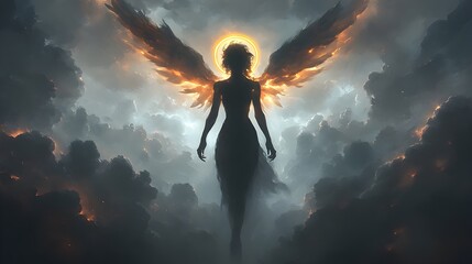Fototapeta premium Dramatic Silhouette of Glowing Winged Angel in Stormy Celestial Landscape