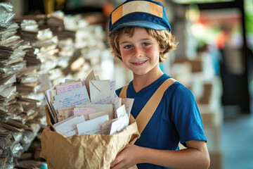 Child mail carrier delivering letters in postal service uniform with joyful smile