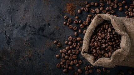 Top view of bag with coffee beans on dark background. Ample space for text.