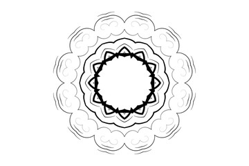 Classic black and white mandala with flower-star and concentric paisley decorations
