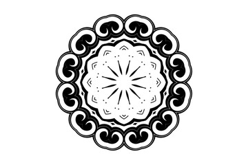 Symmetrical mandala design with flower-star core and paisley patterns on a solid background
