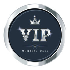 For premium persons, a VIP card invitation round sticker with a silver logo and text in a frame and glitter. Vector illustration.
