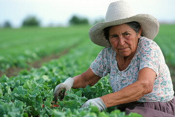 Elderly woman gardening in field with straw hat and gloves