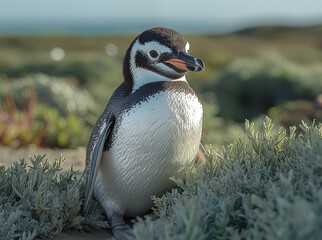 Naklejka premium Explore the charm of the Magellanic Penguin with this captivating photo, capturing its unique markings and playful nature. Ideal for prints, posters, and unique merchandise.