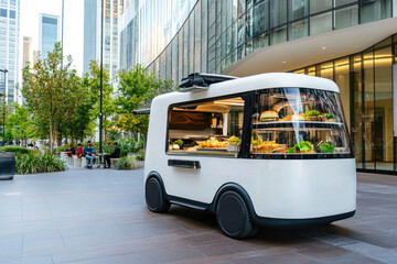 Fototapeta premium Modern autonomous food truck in urban setting surrounded by skyscrapers