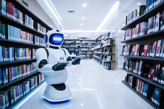 Futuristic robot assistant navigating modern library with tablet technology and ai