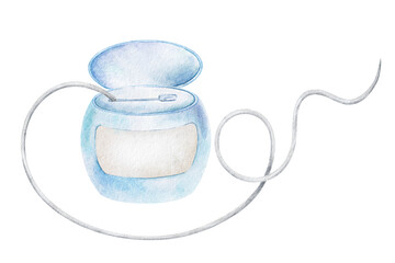 Dental floss. Teeth floss in blue case for oral hygiene and dental care. Isolated hand drawn watercolor kids illustration. Product for daily oral care. Clipart for Dental Clinic, pediatric dentistry