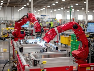 Robotic Arms Welding Steel Frames in Industrial Setting