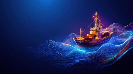 Obraz premium Cargo ship sailing in a neon-blue sea, waves of light, efficient route navigation