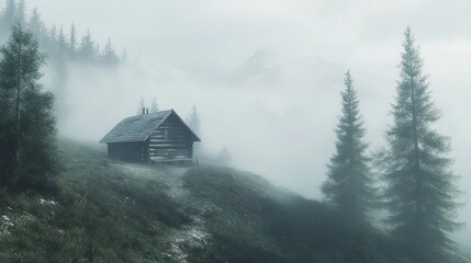 A small wooden cabin sits nestled in a foggy mountain forest.