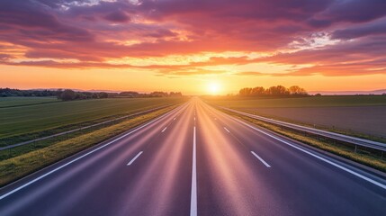 Naklejka premium Vibrant Sunset Landscape with Winding Countryside Road