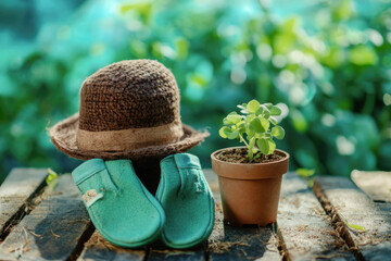 Cozy garden scene: straw hat, green baby shoes, and seedling in pot on wooden table