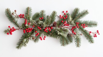 Evergreen Branch with Red Berries and Pinecone Decor