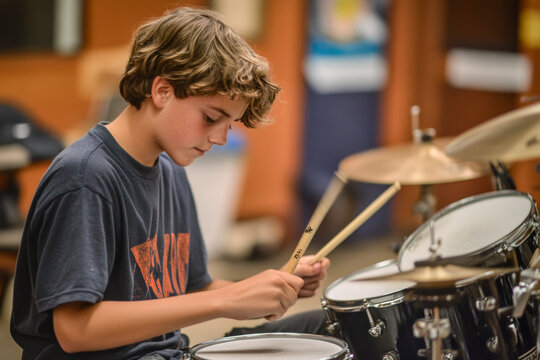 Young drummer practicing in classroom with focused expression and casual attire